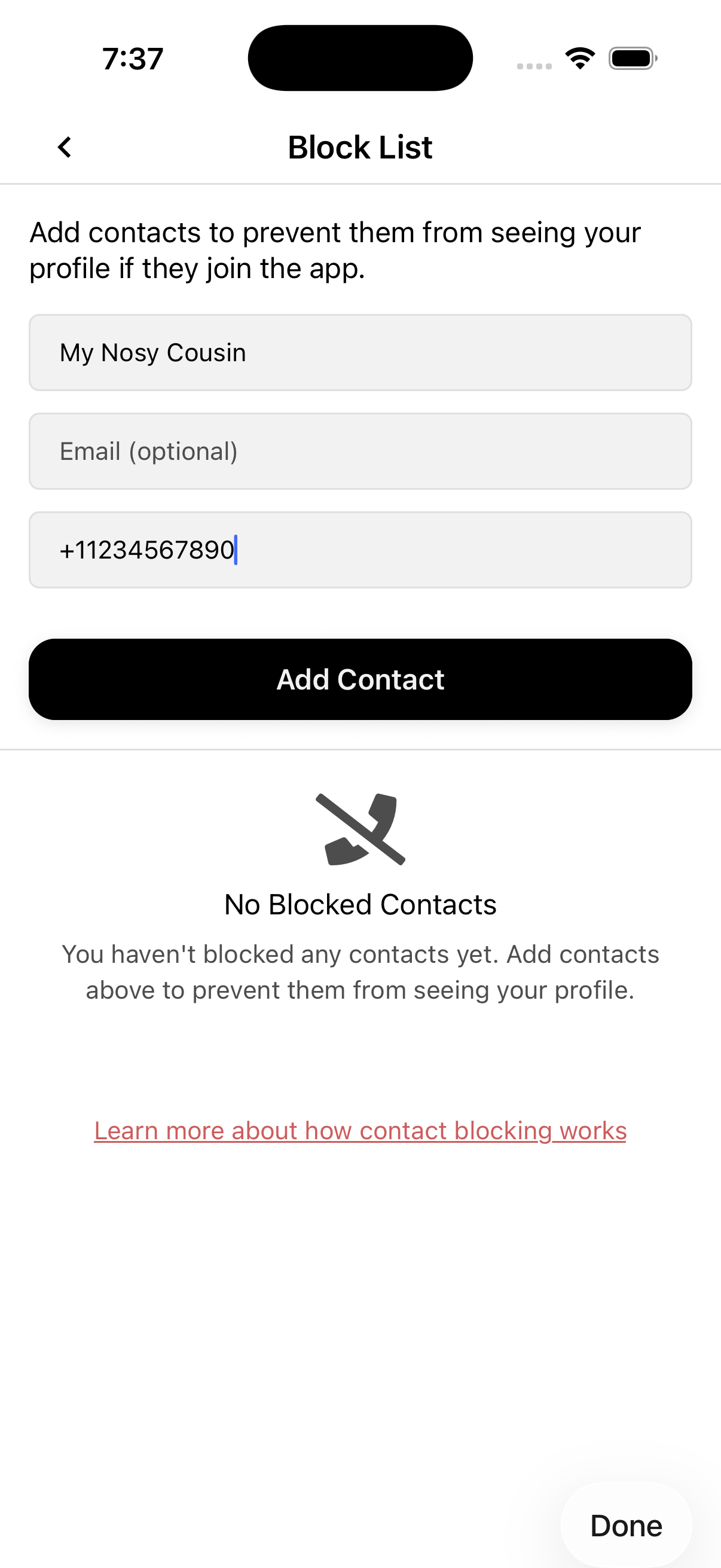 OtterHalf Block List screen with Name, Email, and Phone number fields and Add Contact button.