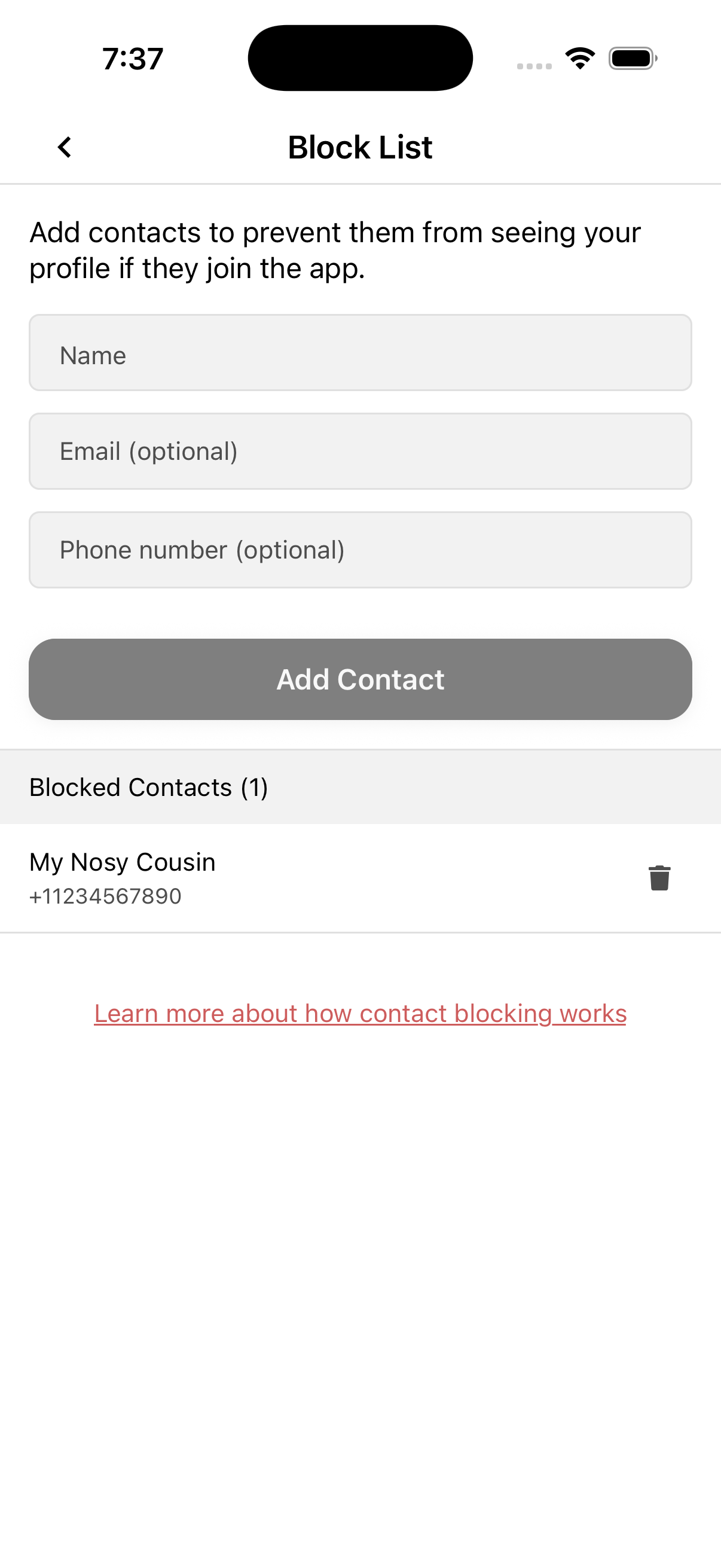 OtterHalf Block List screen showing Blocked Contacts list with trash icon to remove a contact.