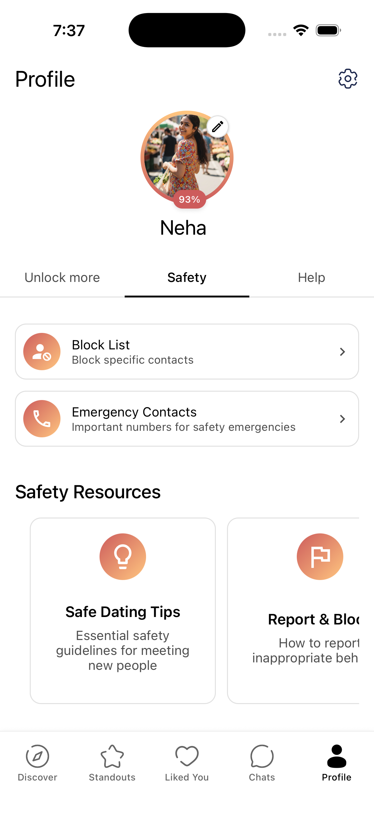 OtterHalf Profile screen, Safety tab, showing Block List and Emergency Contacts options.