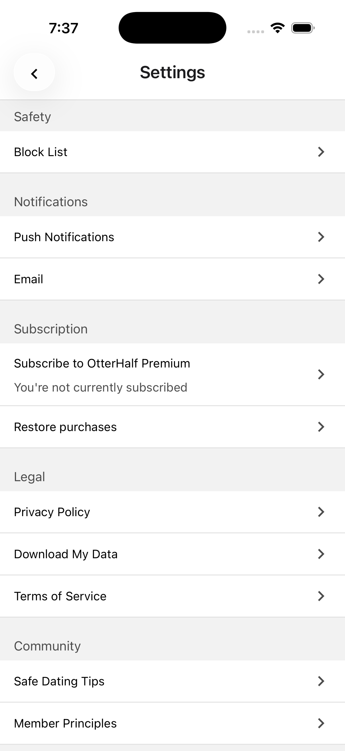 OtterHalf Settings screen with Safety section and Block List option.