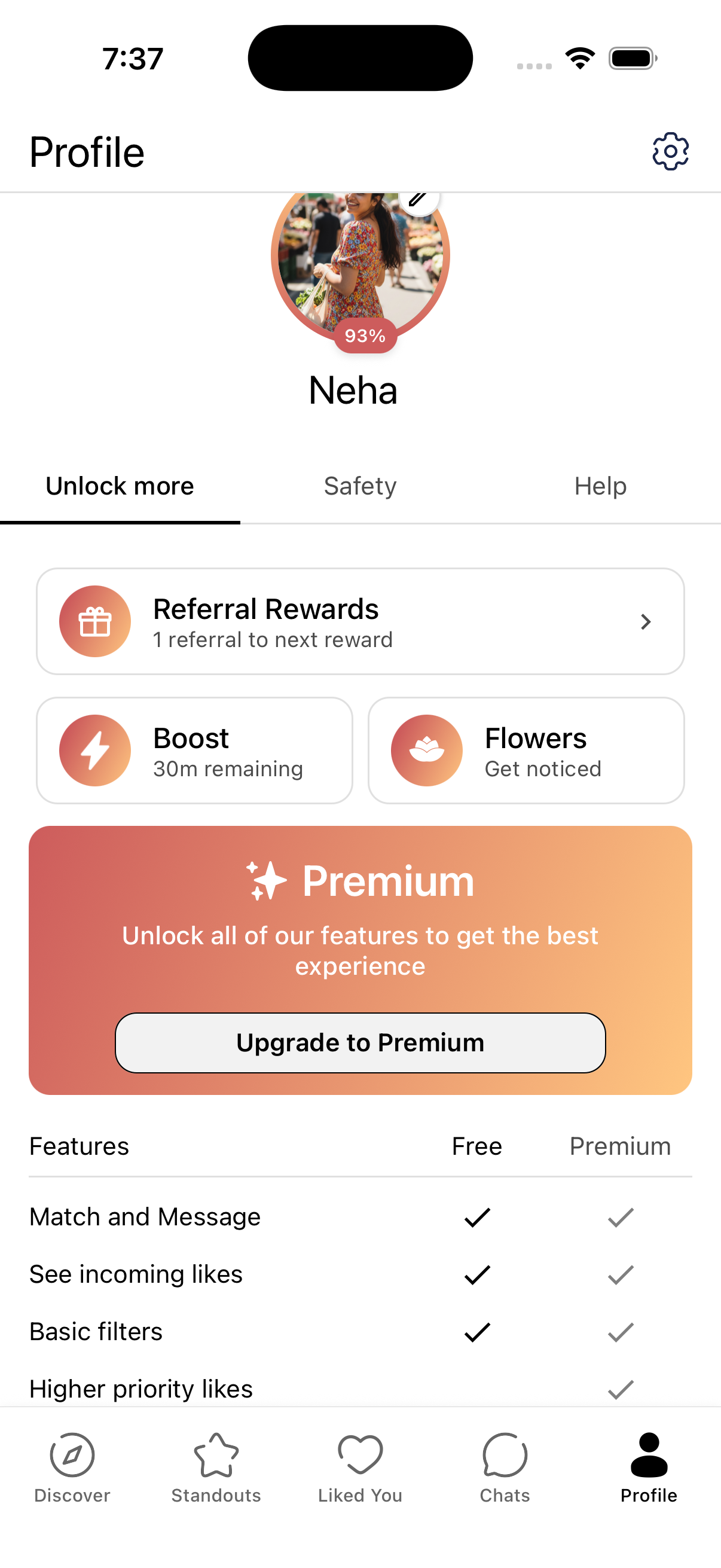 OtterHalf Profile, Unlock more tab, with Boost card showing 30m remaining when Boost is active.