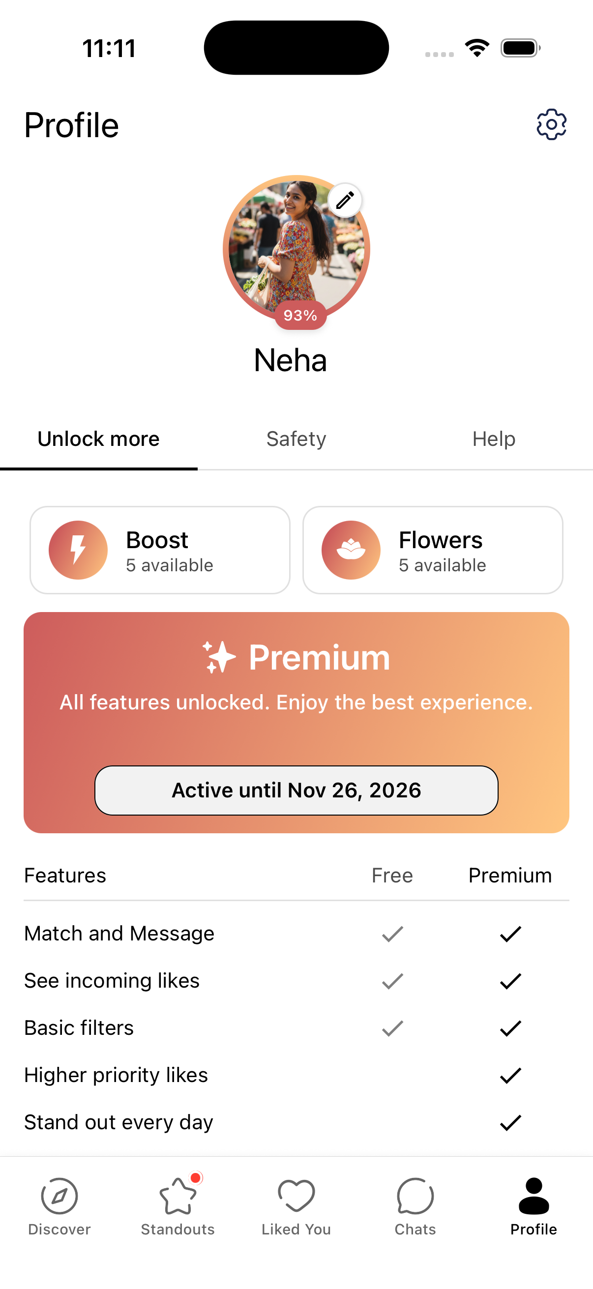 OtterHalf Profile tab showing the Premium card with Active until date