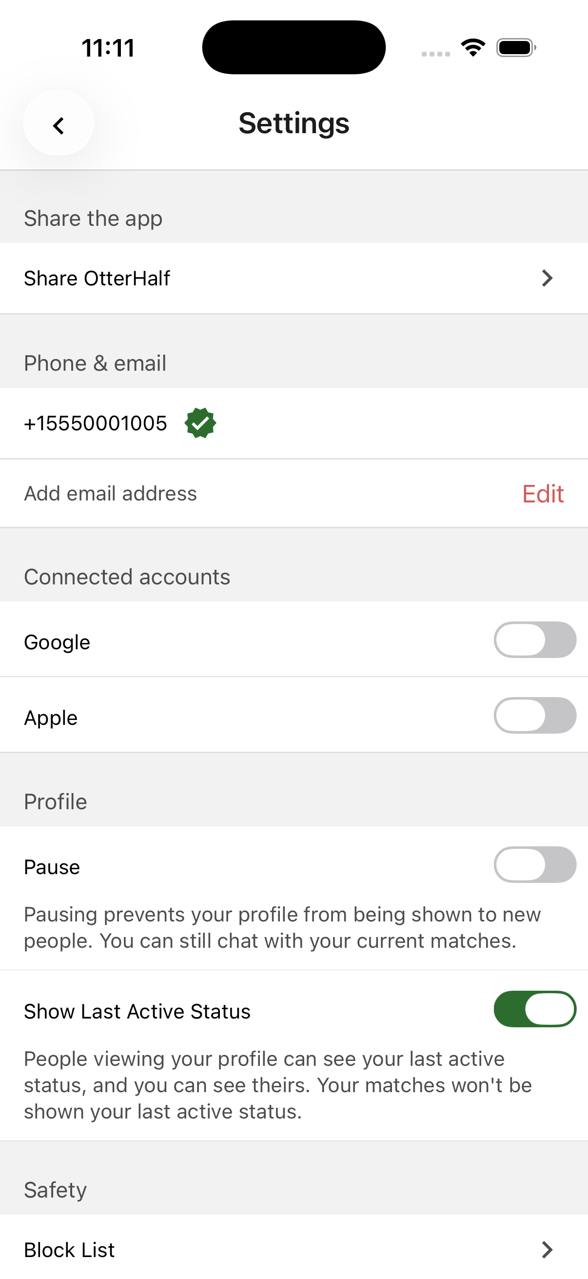 OtterHalf app Settings screen showing Email Address option