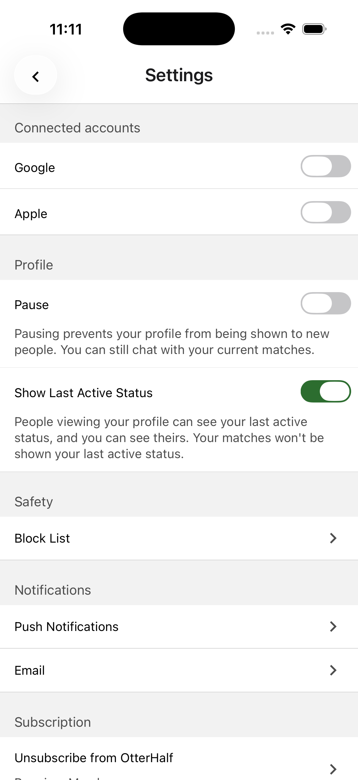 OtterHalf app Settings screen showing Connected Accounts section with toggles for Google and Apple ID
