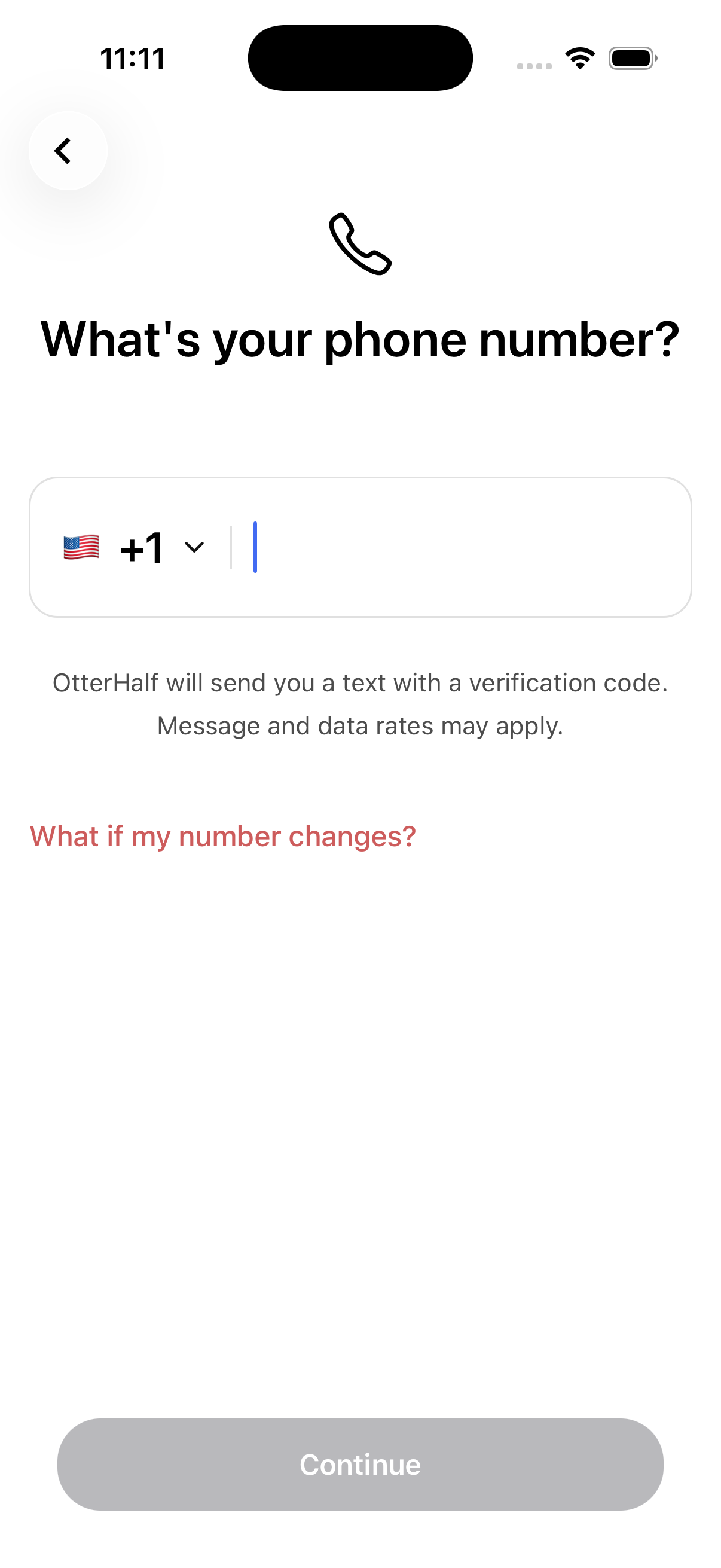 OtterHalf app screen showing phone number input for account creation
