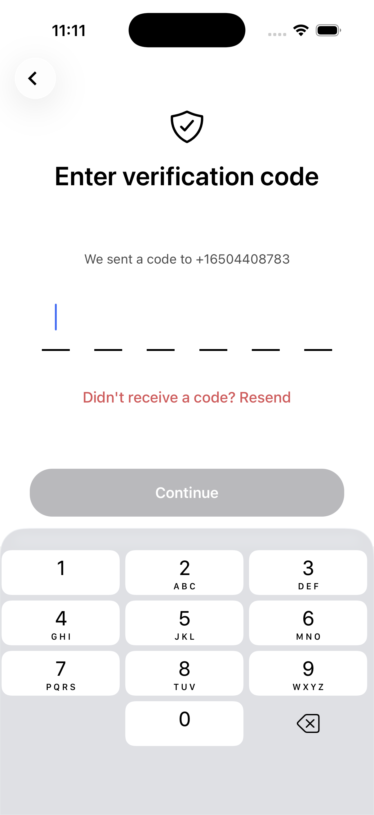 OtterHalf app screen prompting user to enter SMS verification code after phone number input