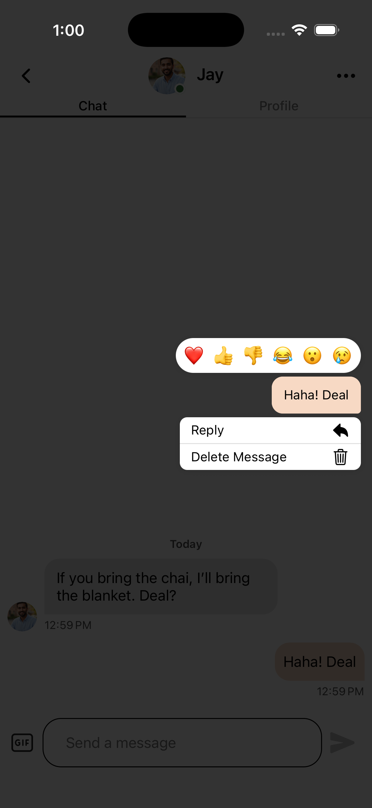 OtterHalf chat: long-press on a message to see reaction emojis (heart, thumbs up, etc.) and options like Reply or Delete Message.