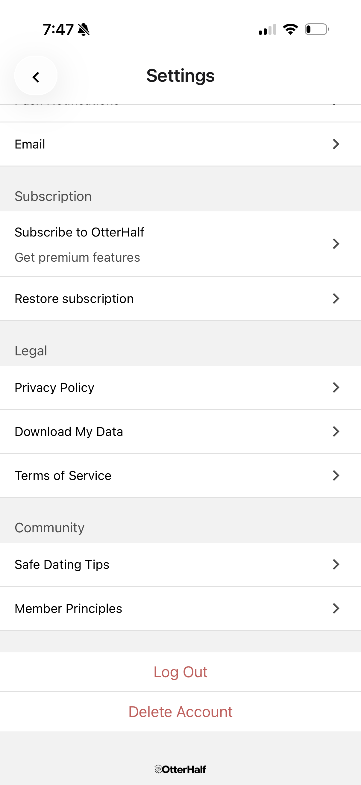 Account deletion process in the app