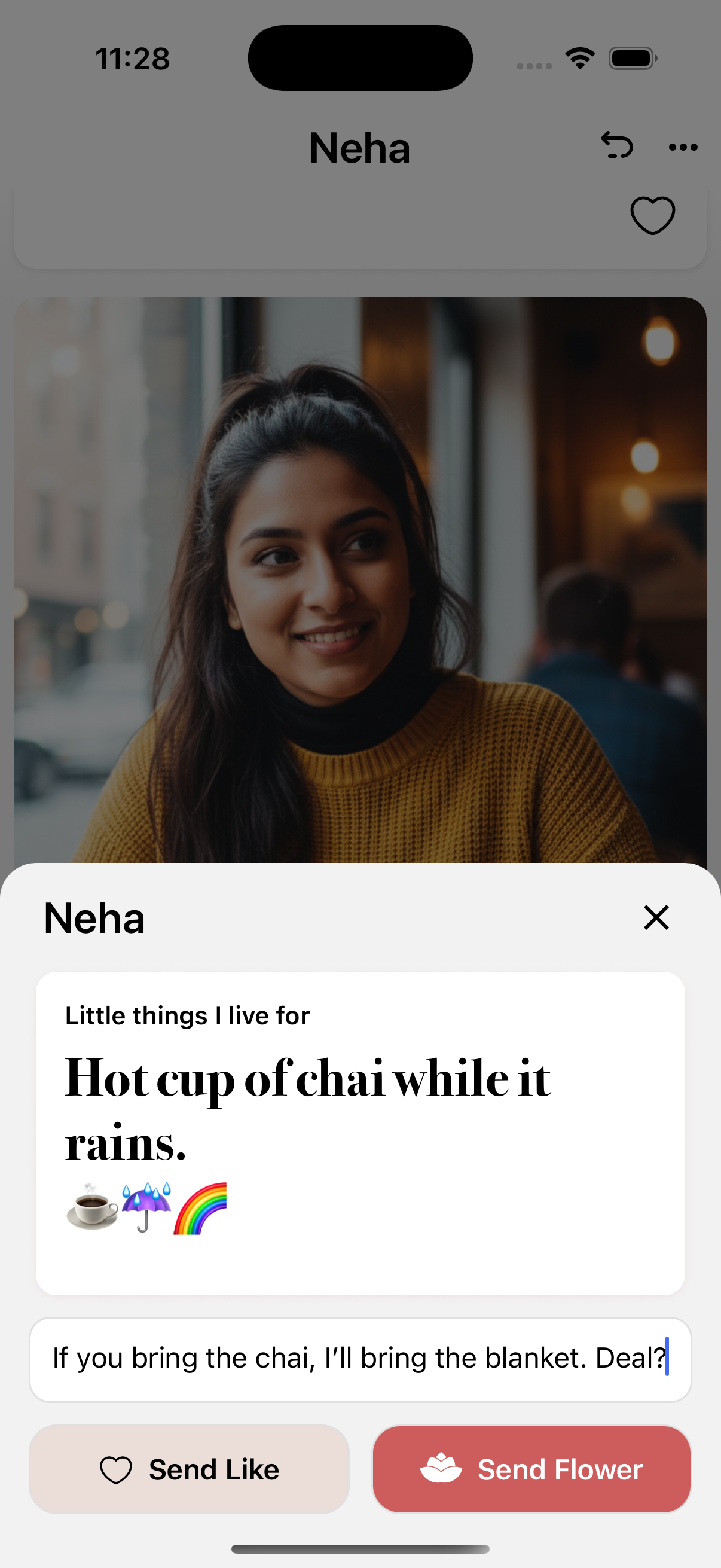 Add an optional comment and choose Send Like or Send Flower.