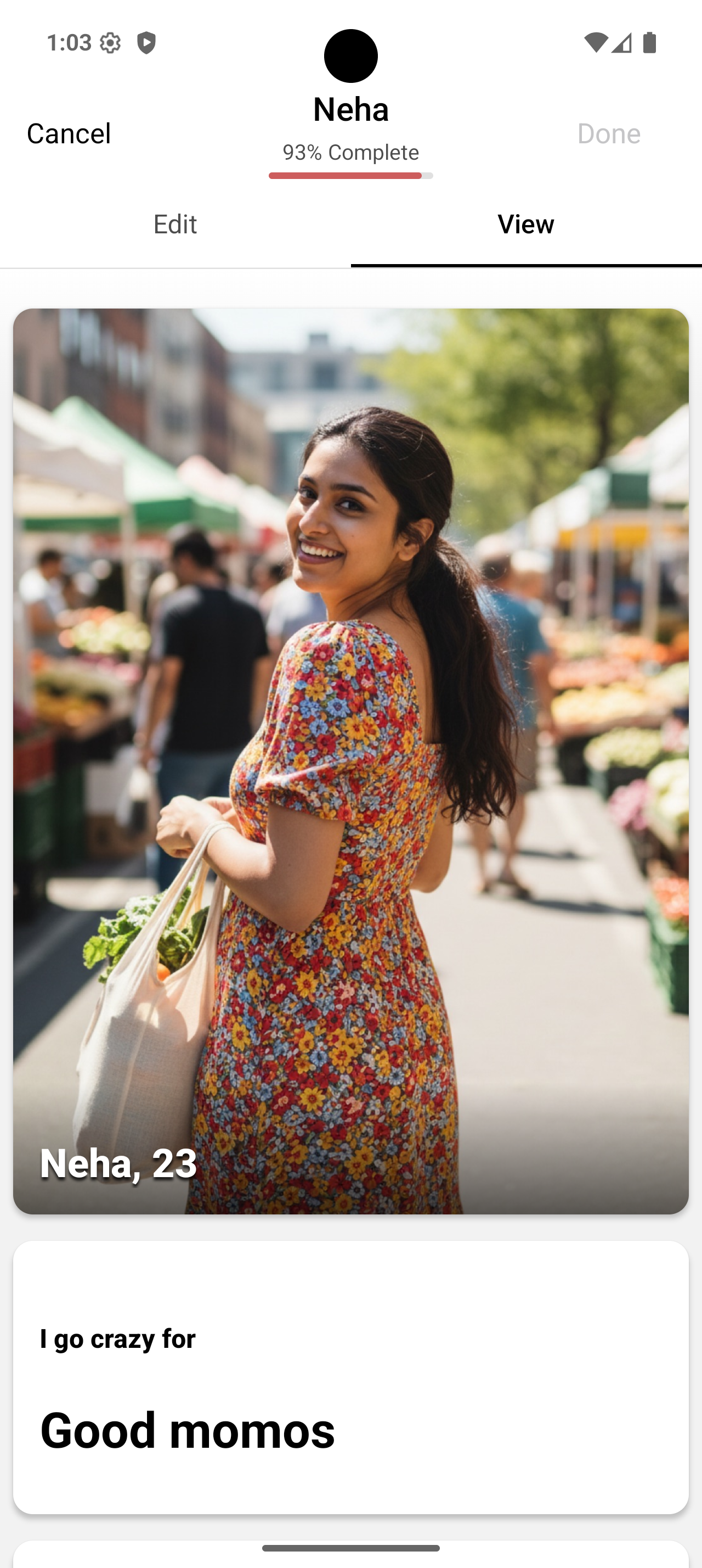 OtterHalf view profile screen showing how the profile appears to others with the View tab selected