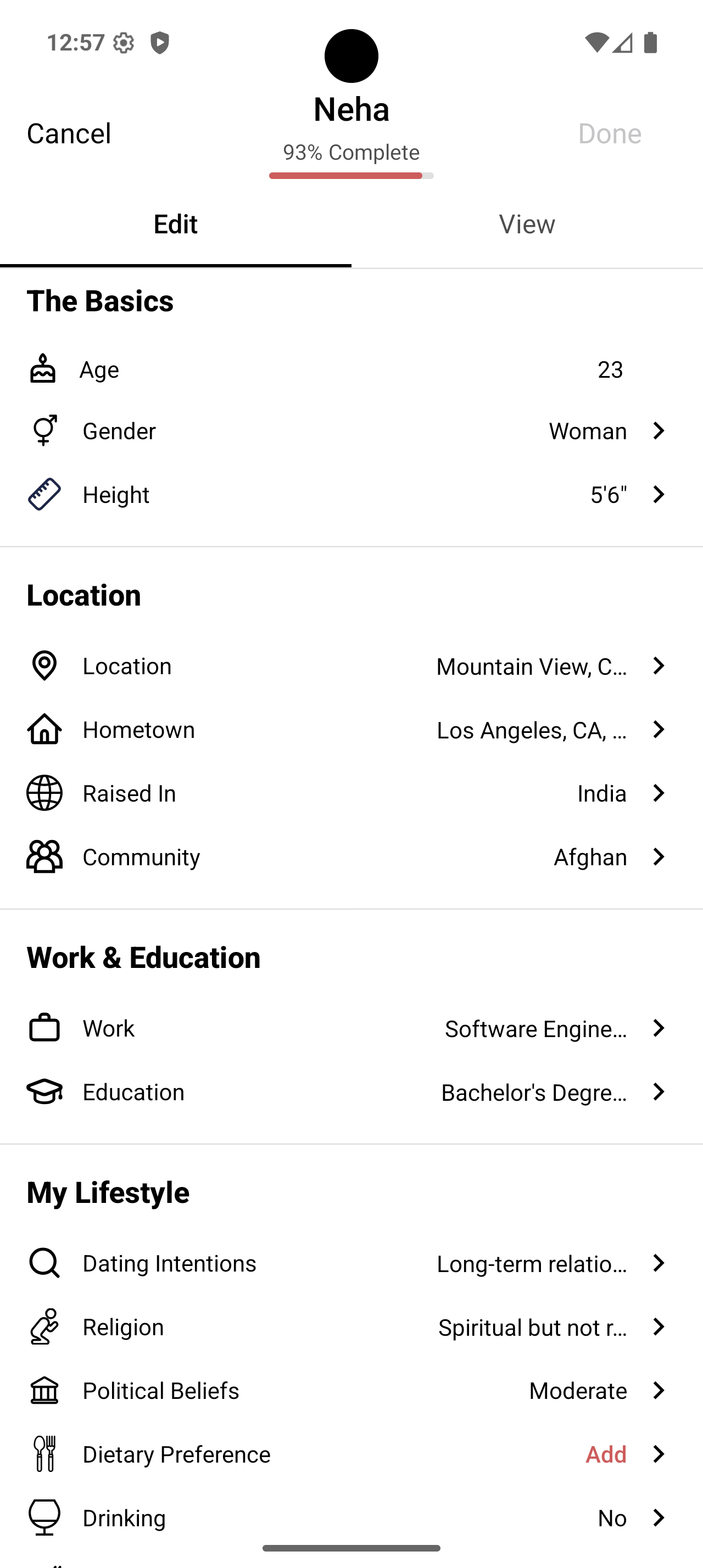 OtterHalf edit profile screen showing various sections like Photos, Prompts, Interests, and profile fields