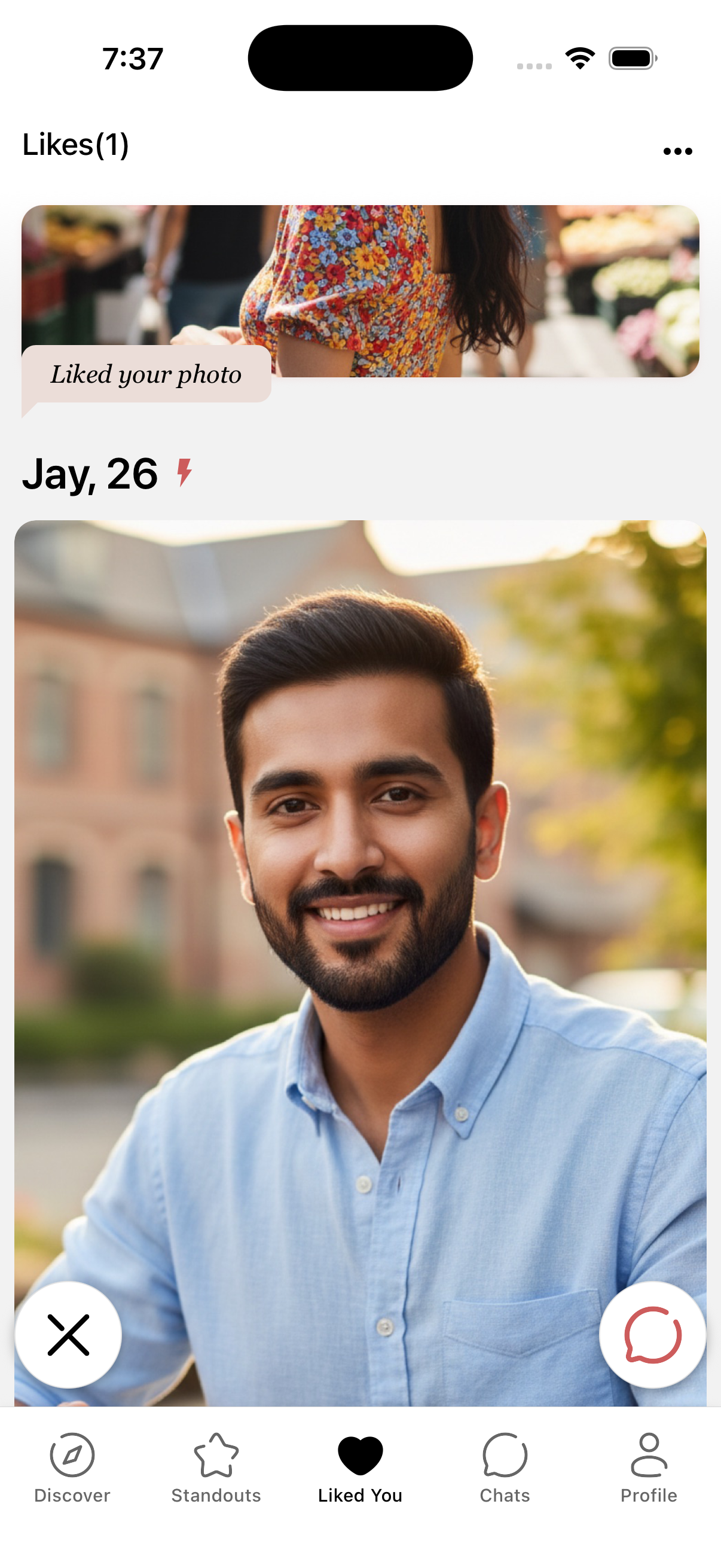 OtterHalf Likes You screen showing an incoming like with the Boost lightning bolt icon next to the person's name.