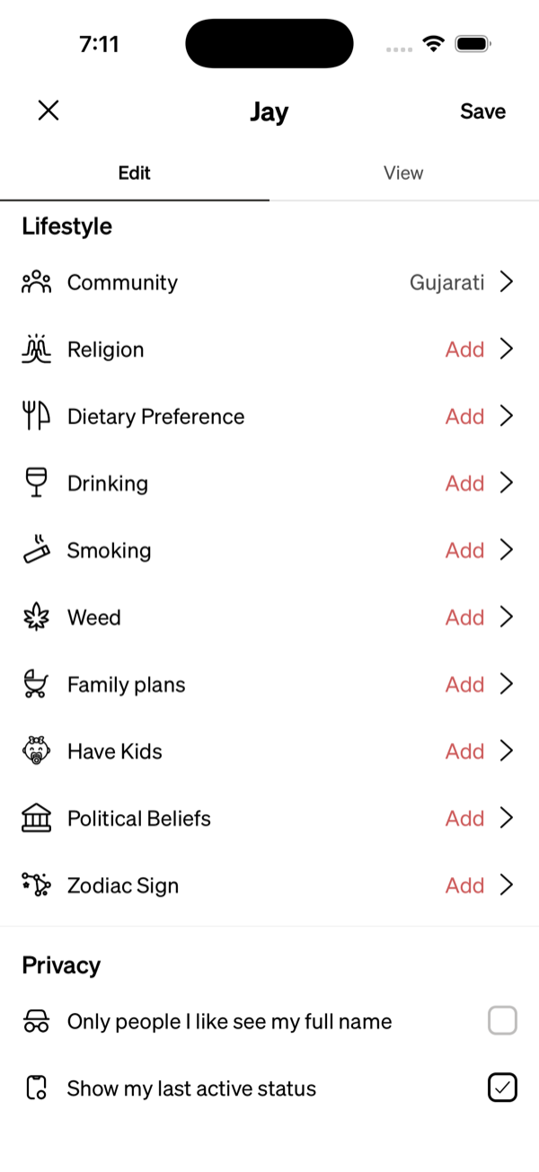 OtterHalf app's Edit Profile screen showing the Privacy section with the 'Show my last active status' checkbox checked