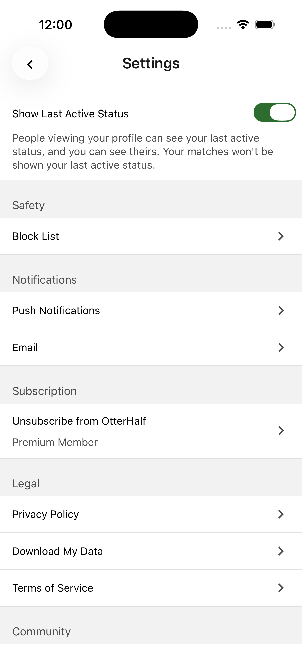 OtterHalf app's Settings screen displaying the 'Show Last Active Status' toggle switch turned off (gray)