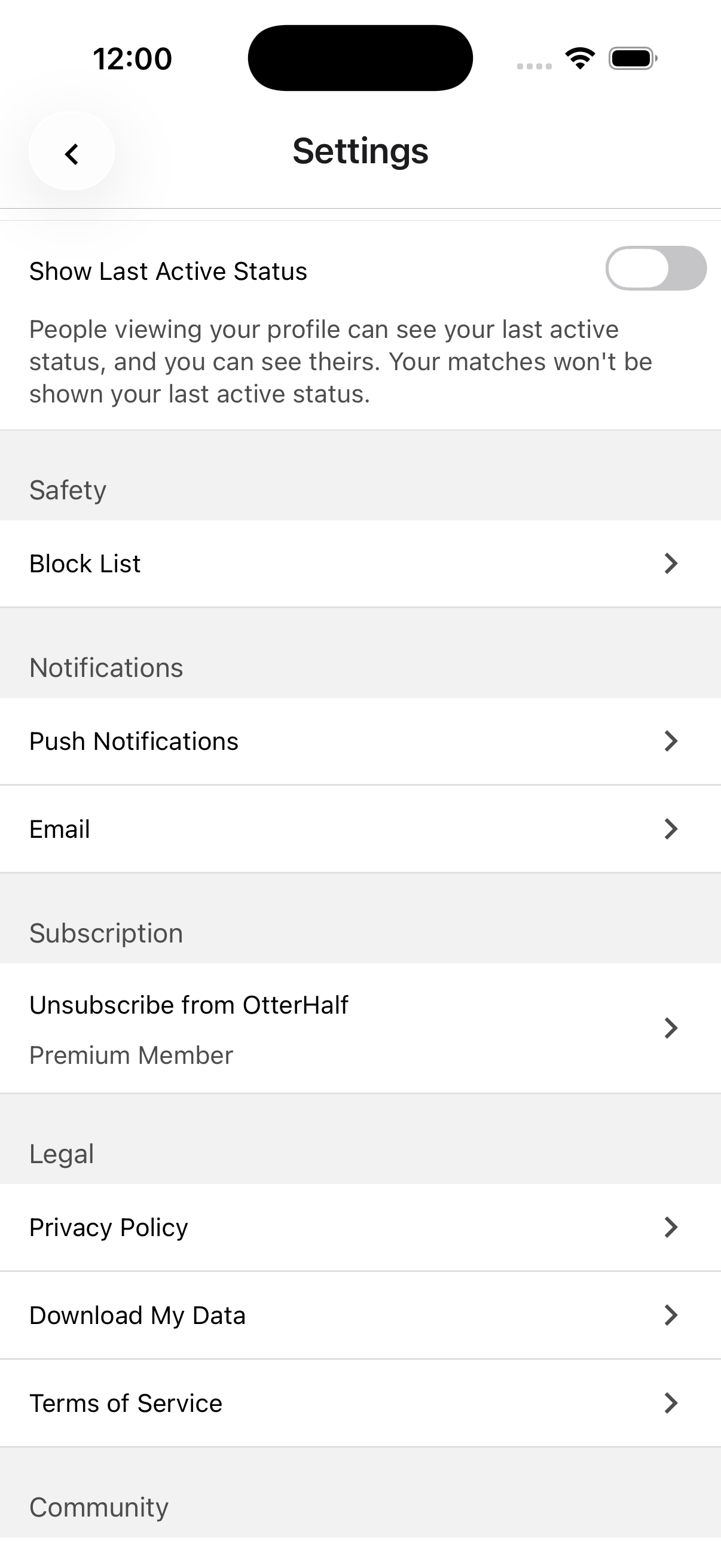 OtterHalf app's Settings screen displaying the 'Show Last Active Status' toggle switch turned on (green)