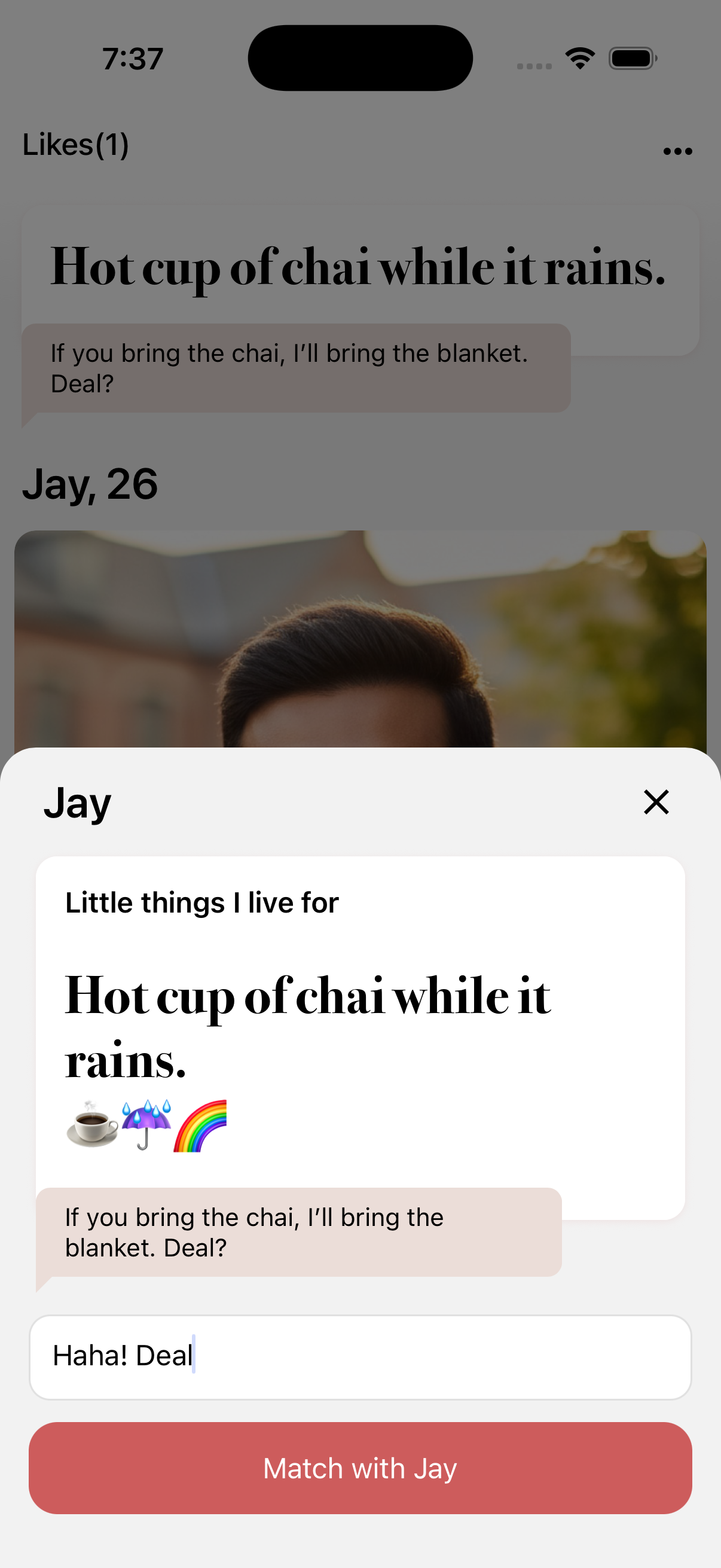 Add an optional message and tap Match with [Name] to match.