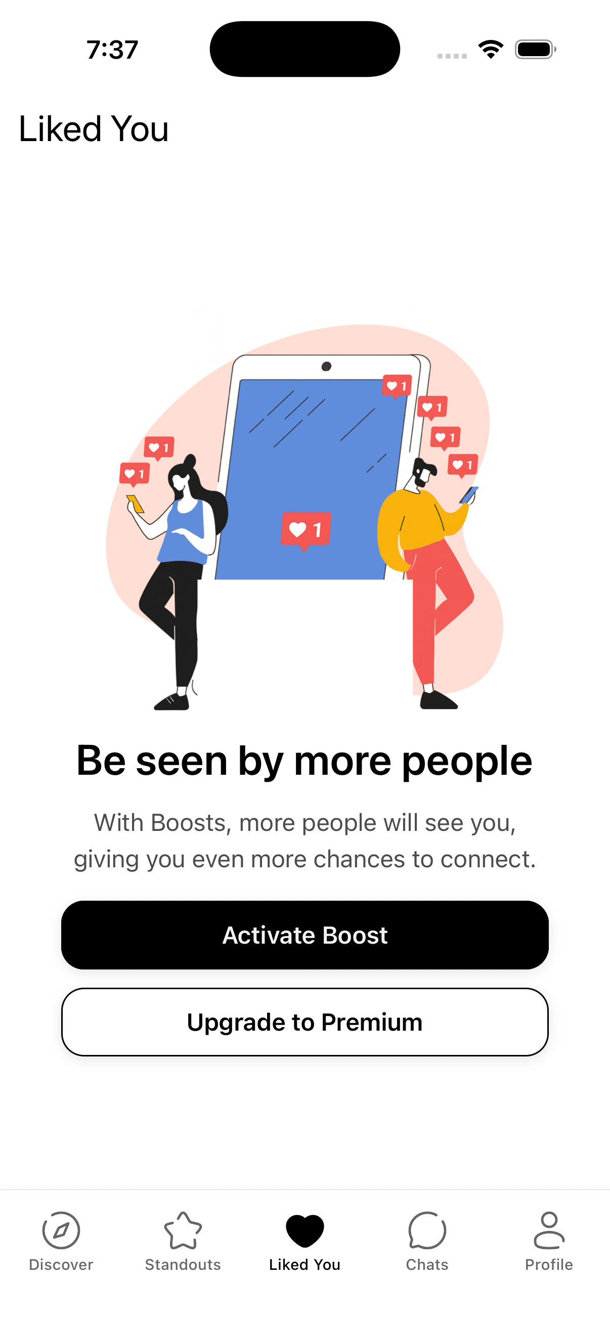 OtterHalf Likes You screen with Activate Boost and Upgrade to Premium options when you have no likes yet.