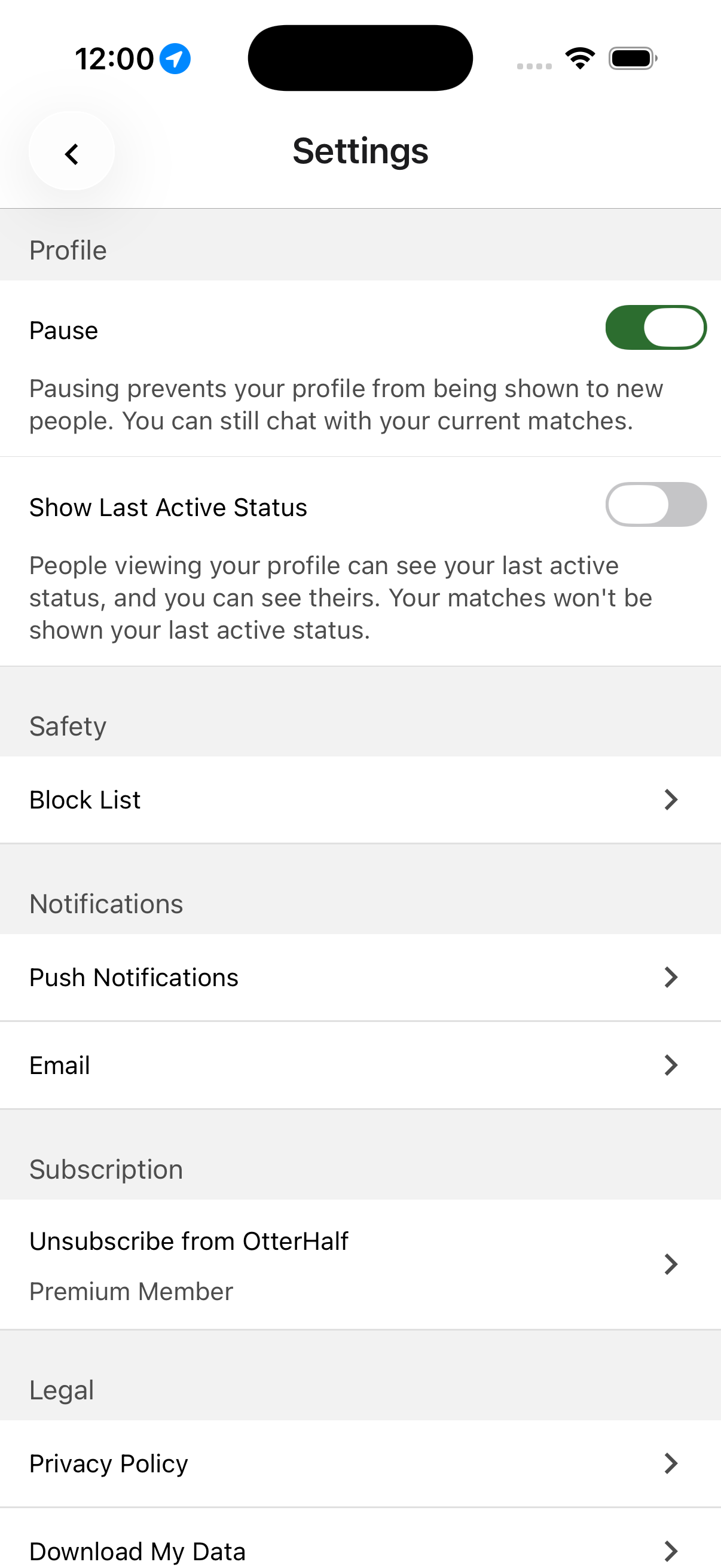 OtterHalf app's Settings screen displaying the 'Pause' toggle switch to temporarily hide the user's profile