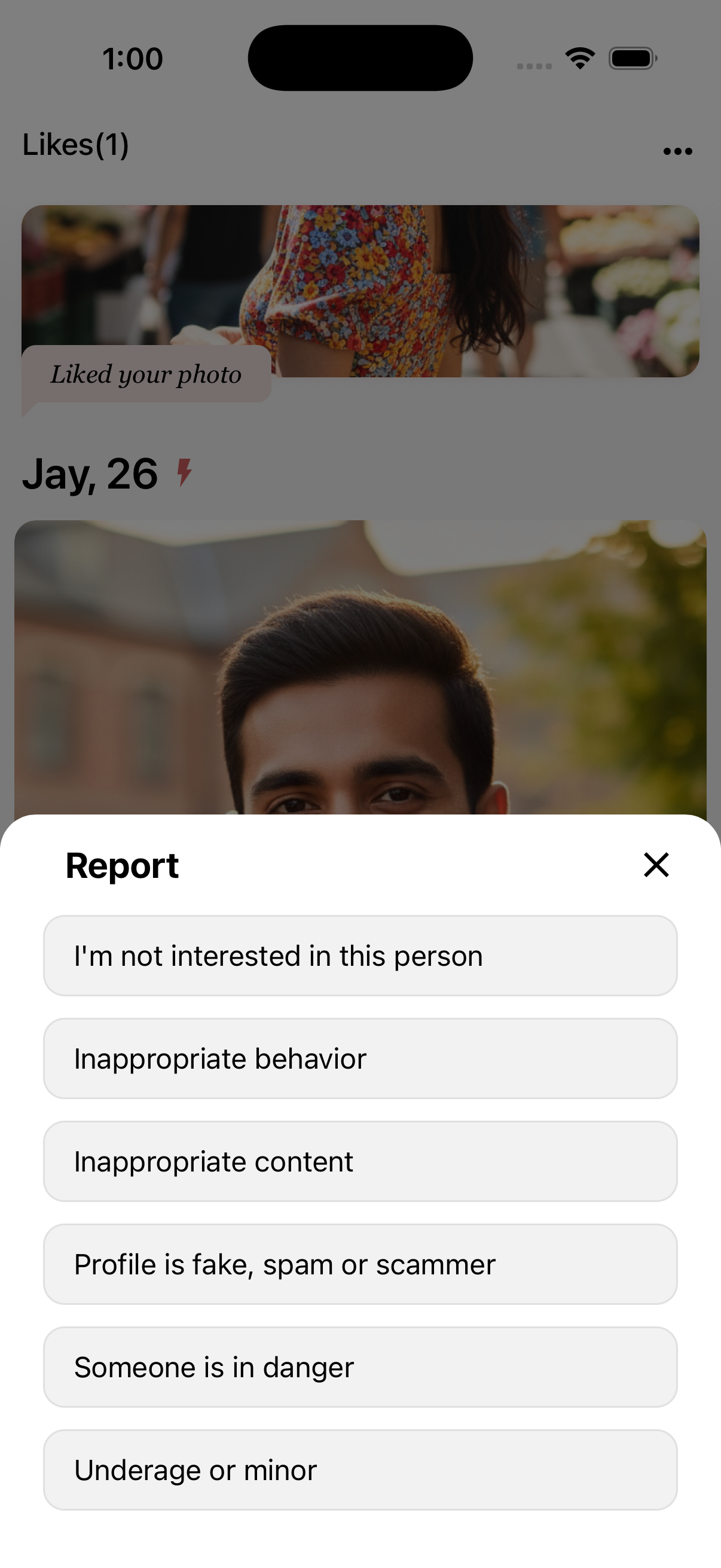 OtterHalf Liked You screen with Report modal showing reason options (three dots > Report).