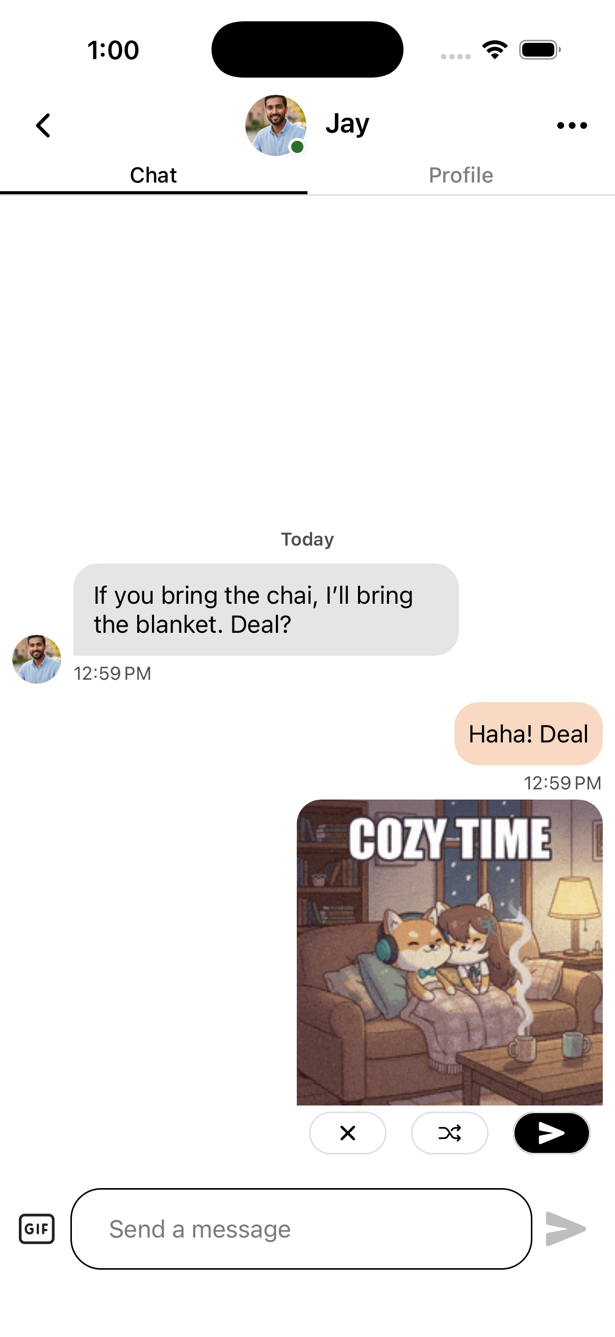 OtterHalf chat: GIF button, sent GIF in conversation, and preview with shuffle, send, and cancel options.