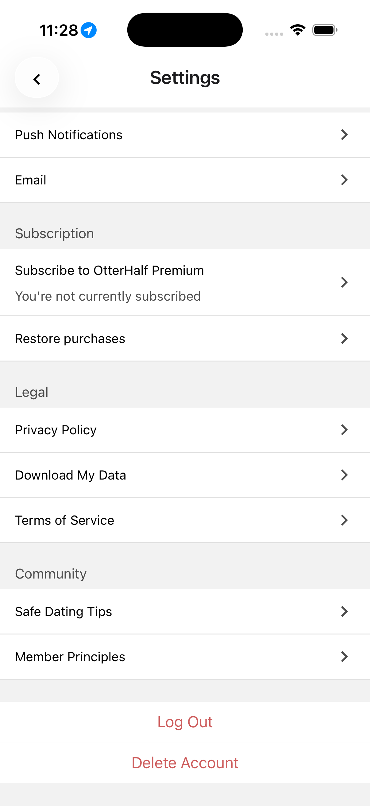 OtterHalf Settings screen showing the Subscription section with Subscribe to OtterHalf Premium button