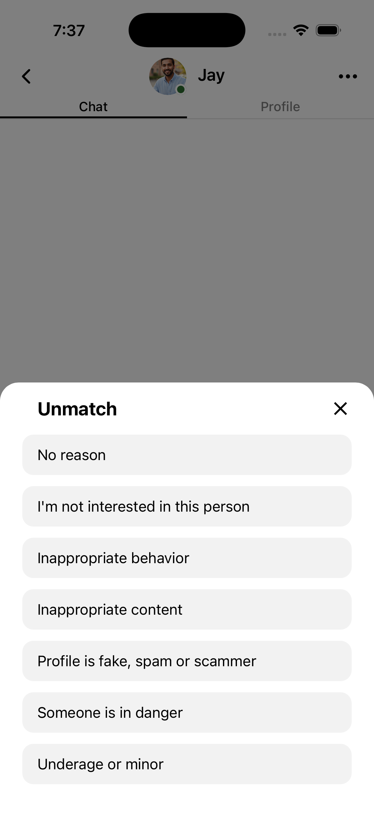OtterHalf Unmatch modal showing reason options (e.g. No reason, I'm not interested, Inappropriate behavior).